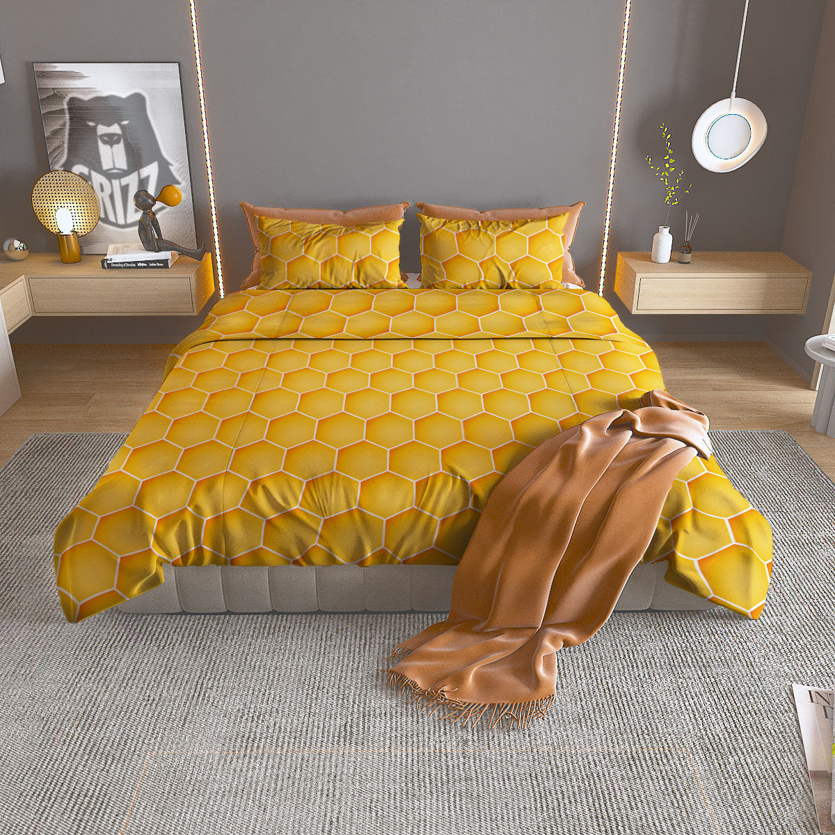 Hive Honey Bee Print Pattern Duvet Cover Bedding Set