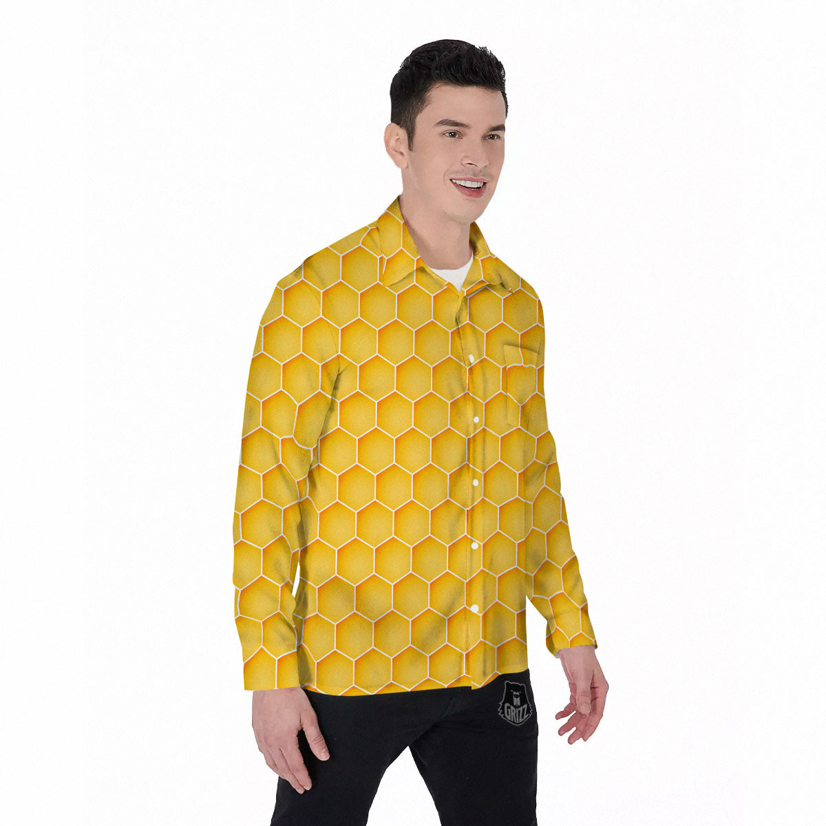Hive Honey Bee Print Pattern Men's Long Sleeve Shirts-grizzshop