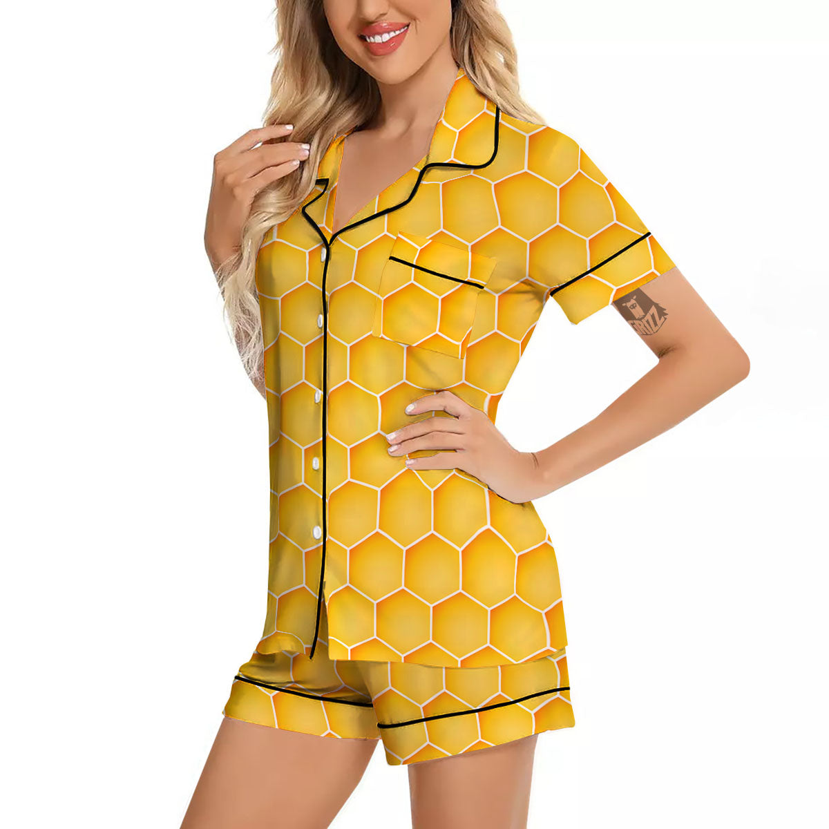 Hive Honey Bee Print Pattern Women Silk Pajamas-grizzshop
