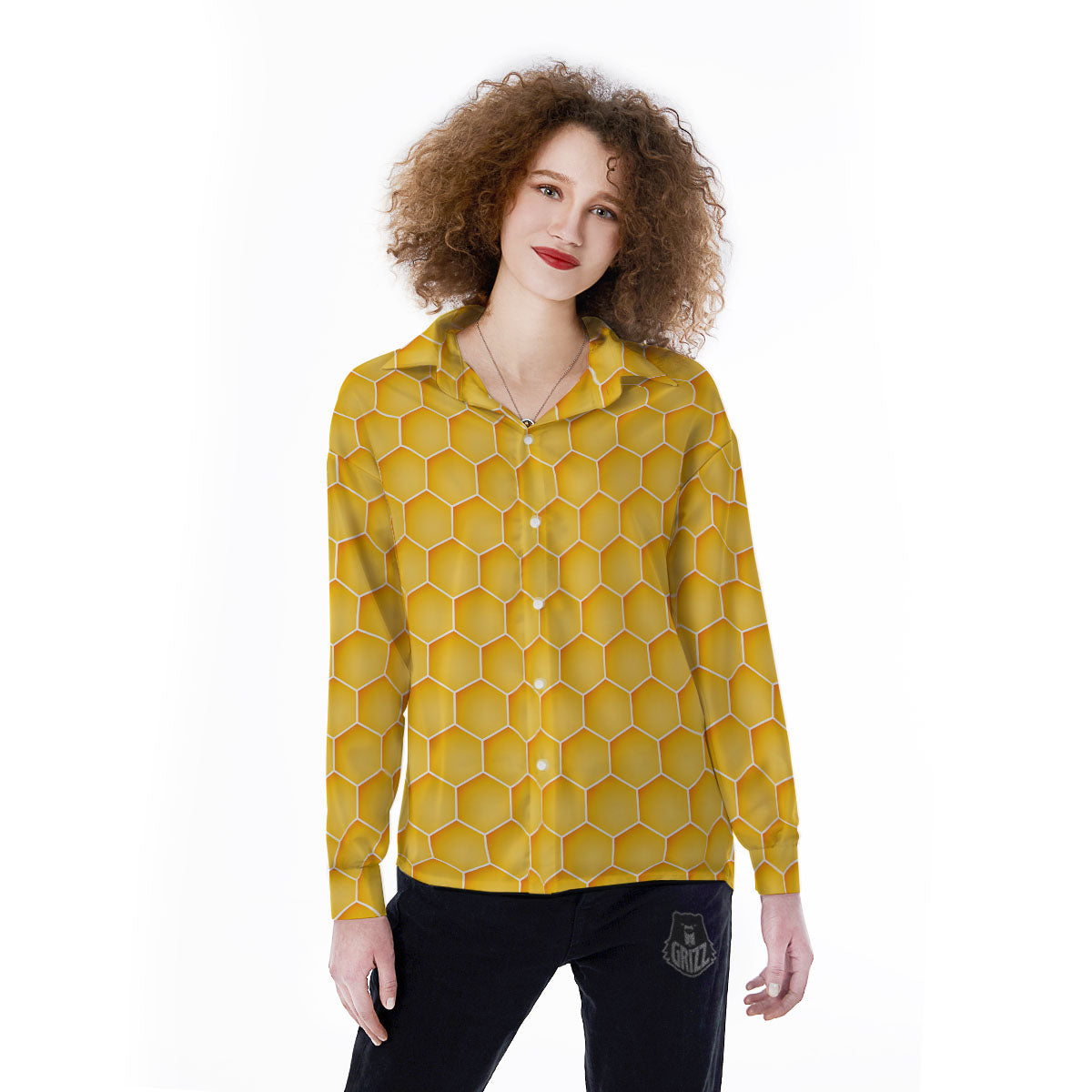 Hive Honey Bee Print Pattern Women's Long Sleeve Shirts-grizzshop