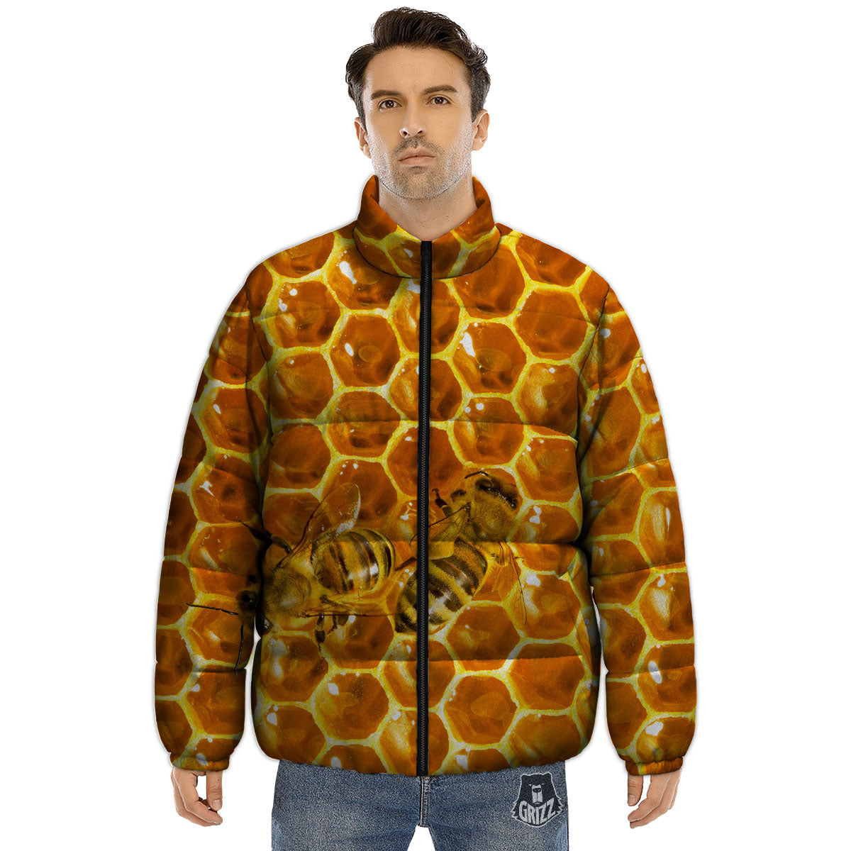 Hive Honey Bee Print Puffer Jacket-grizzshop