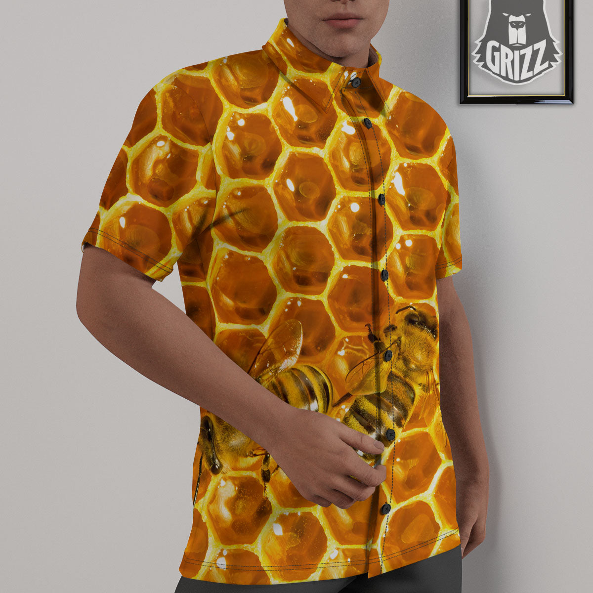 Hive Honey Bee Print Untucked Shirts-grizzshop