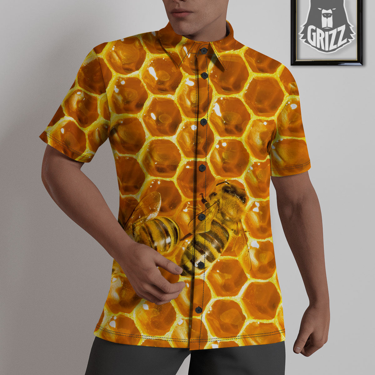 Hive Honey Bee Print Untucked Shirts-grizzshop