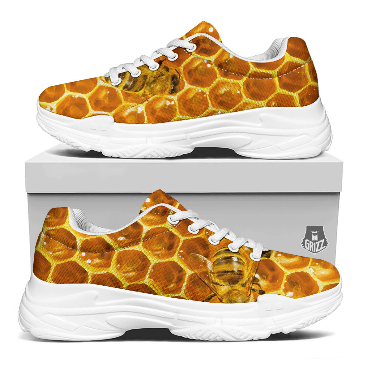 Hive Honey Bee Print White Chunky Shoes-grizzshop