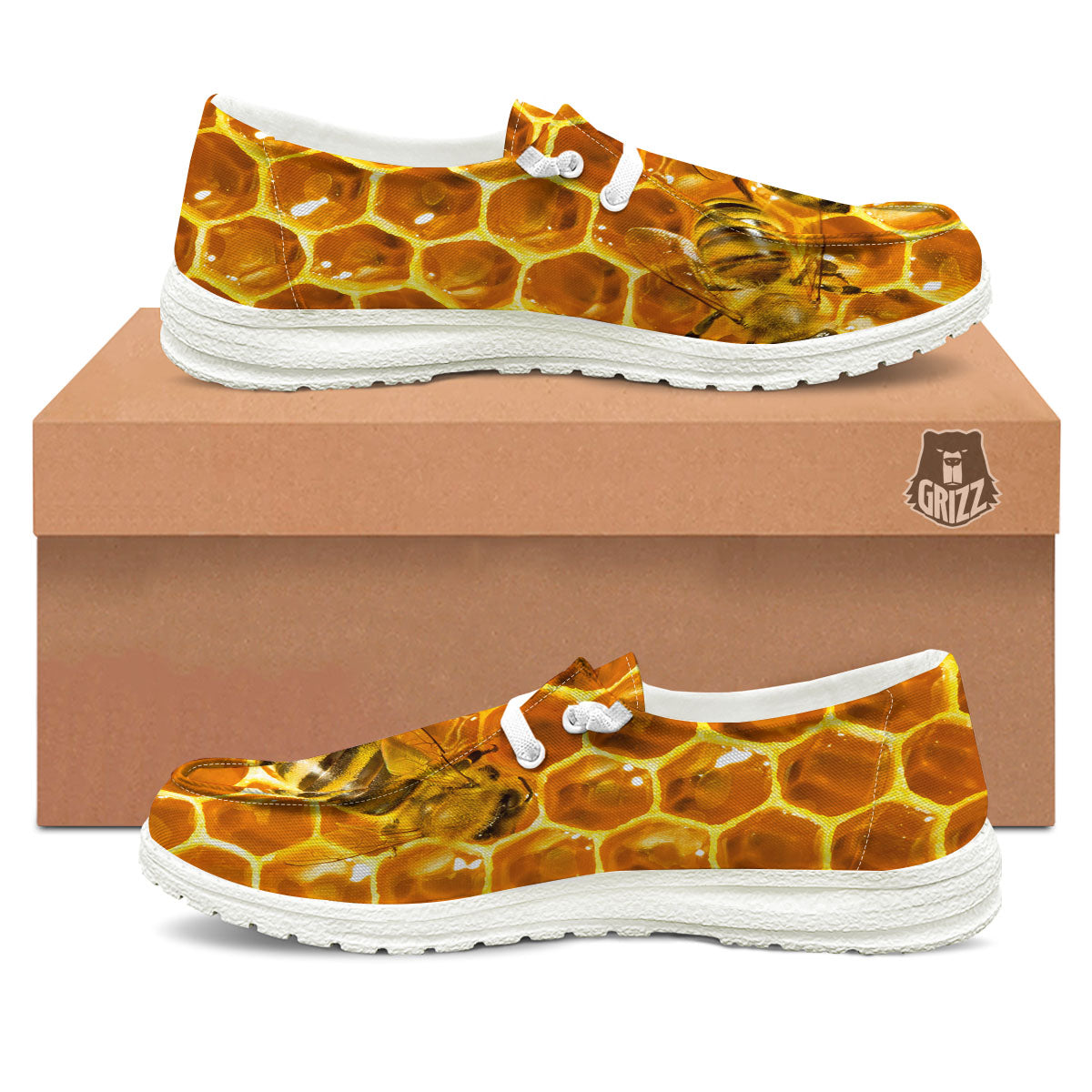 Hive Honey Bee Print White Loafers-grizzshop