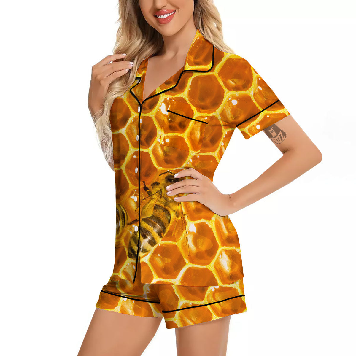 Hive Honey Bee Print Women Silk Pajamas-grizzshop