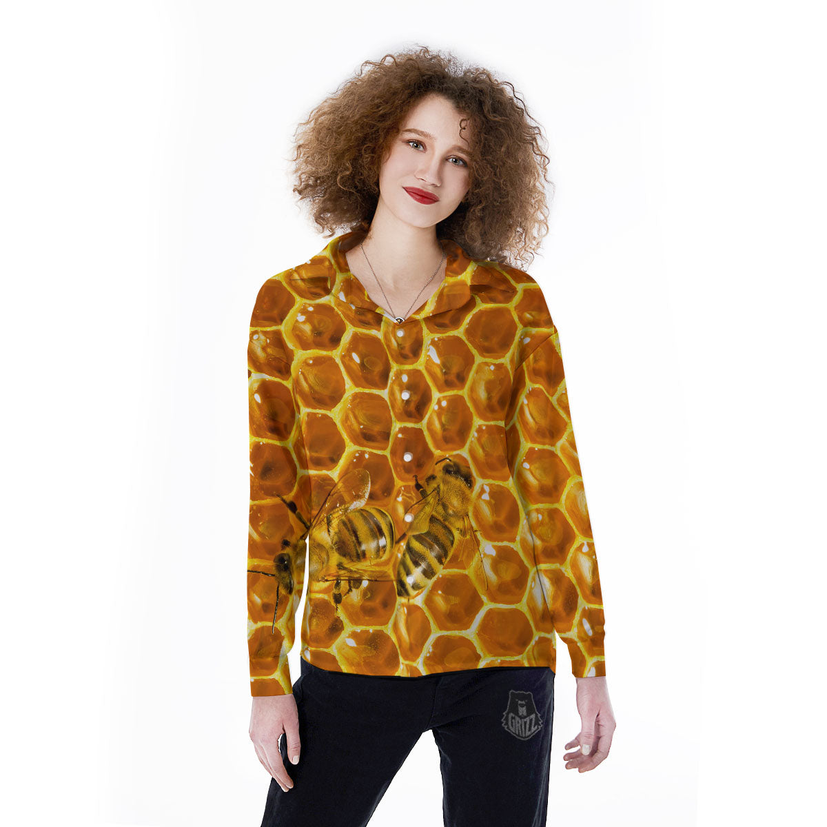 Hive Honey Bee Print Women's Long Sleeve Shirts-grizzshop