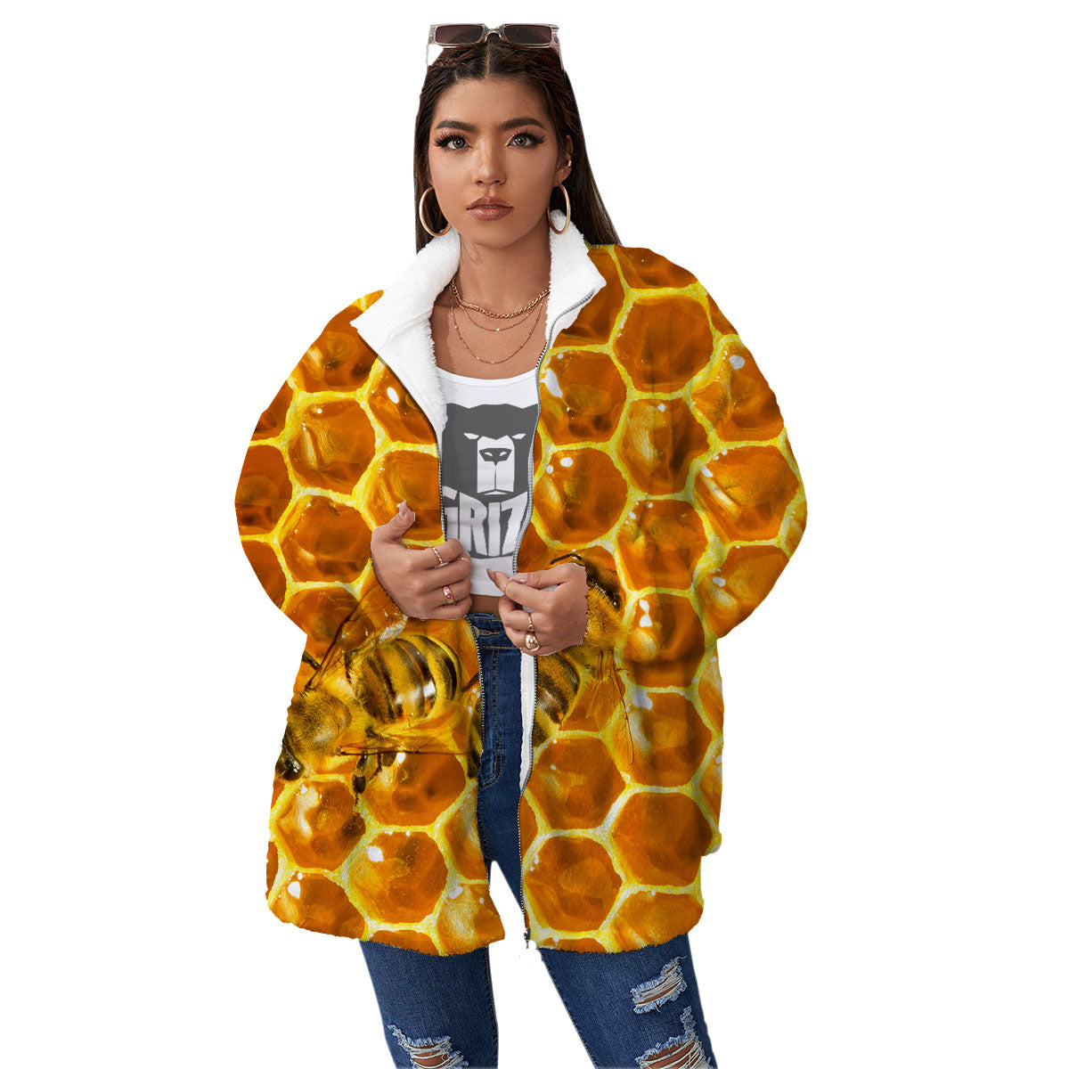 Hive Honey Bee Print Women's Sherpa Jacket-grizzshop