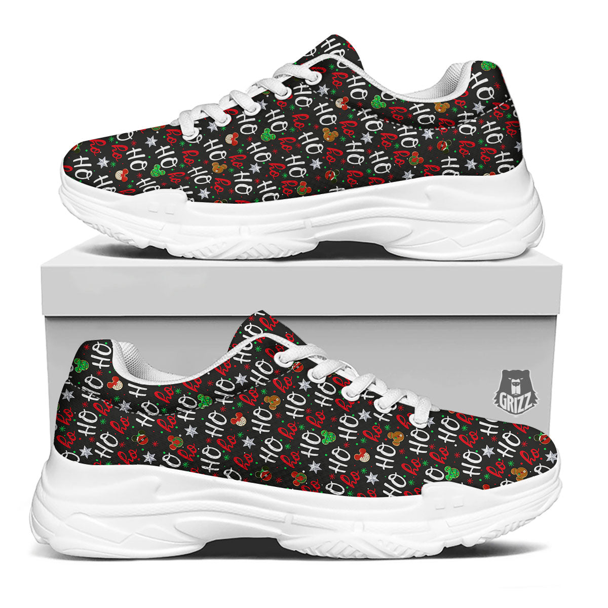 Ho Ho Ho Christmas Print Pattern White Chunky Shoes-grizzshop