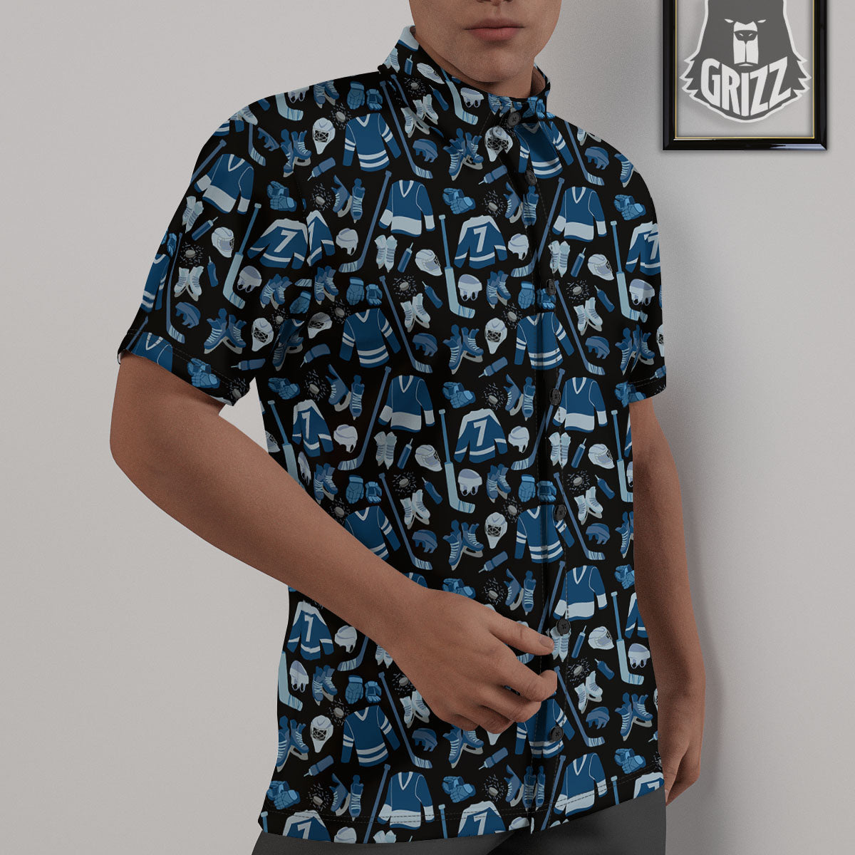 Hockey Equipment Print Pattern Untucked Shirts-grizzshop