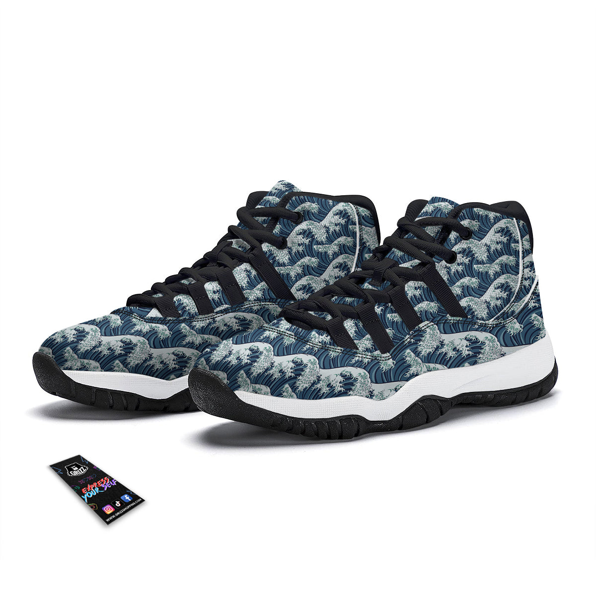 Hokusai Wave Print Pattern Black Bball Shoes-grizzshop