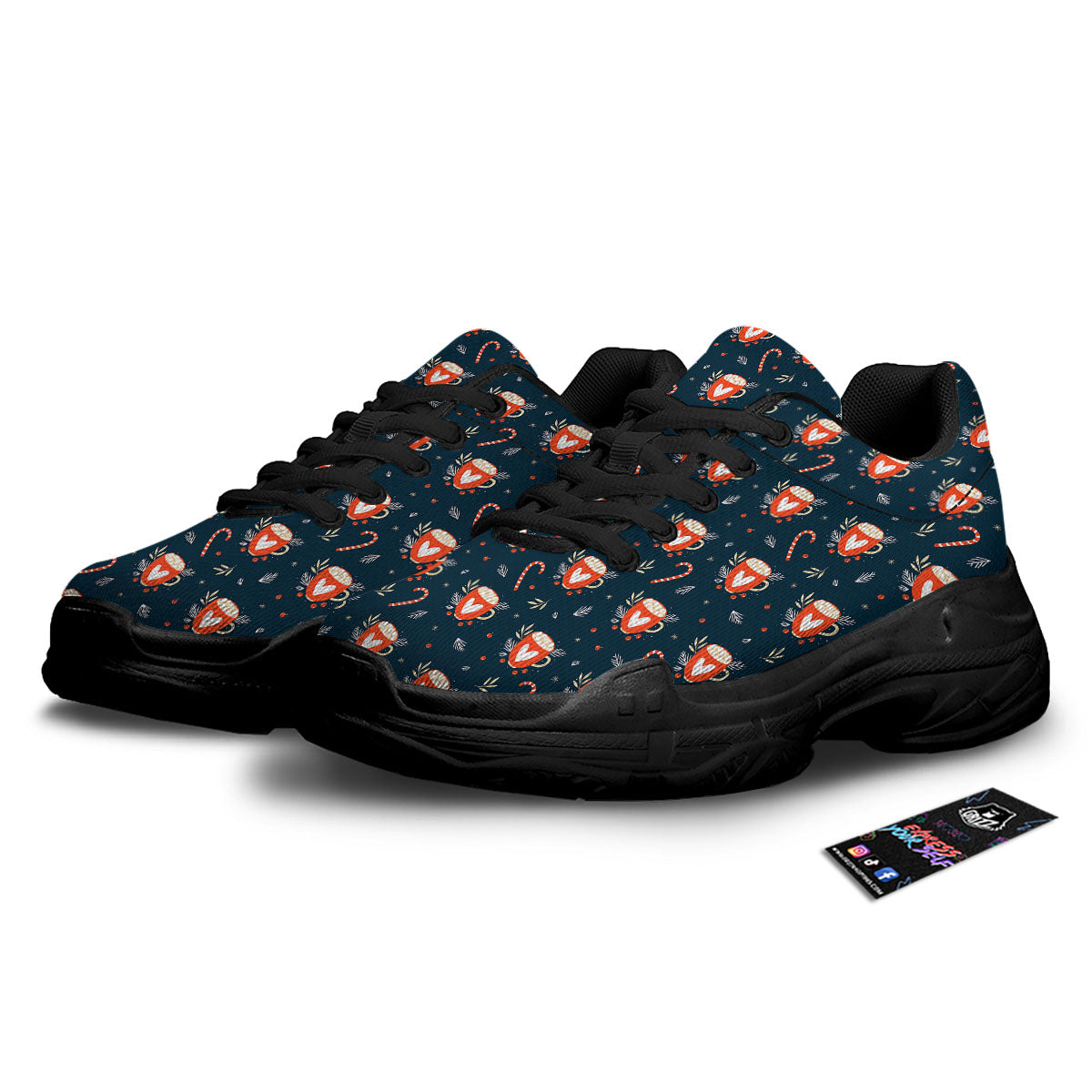 Holiday Christmas Cup Print Pattern Black Chunky Shoes-grizzshop