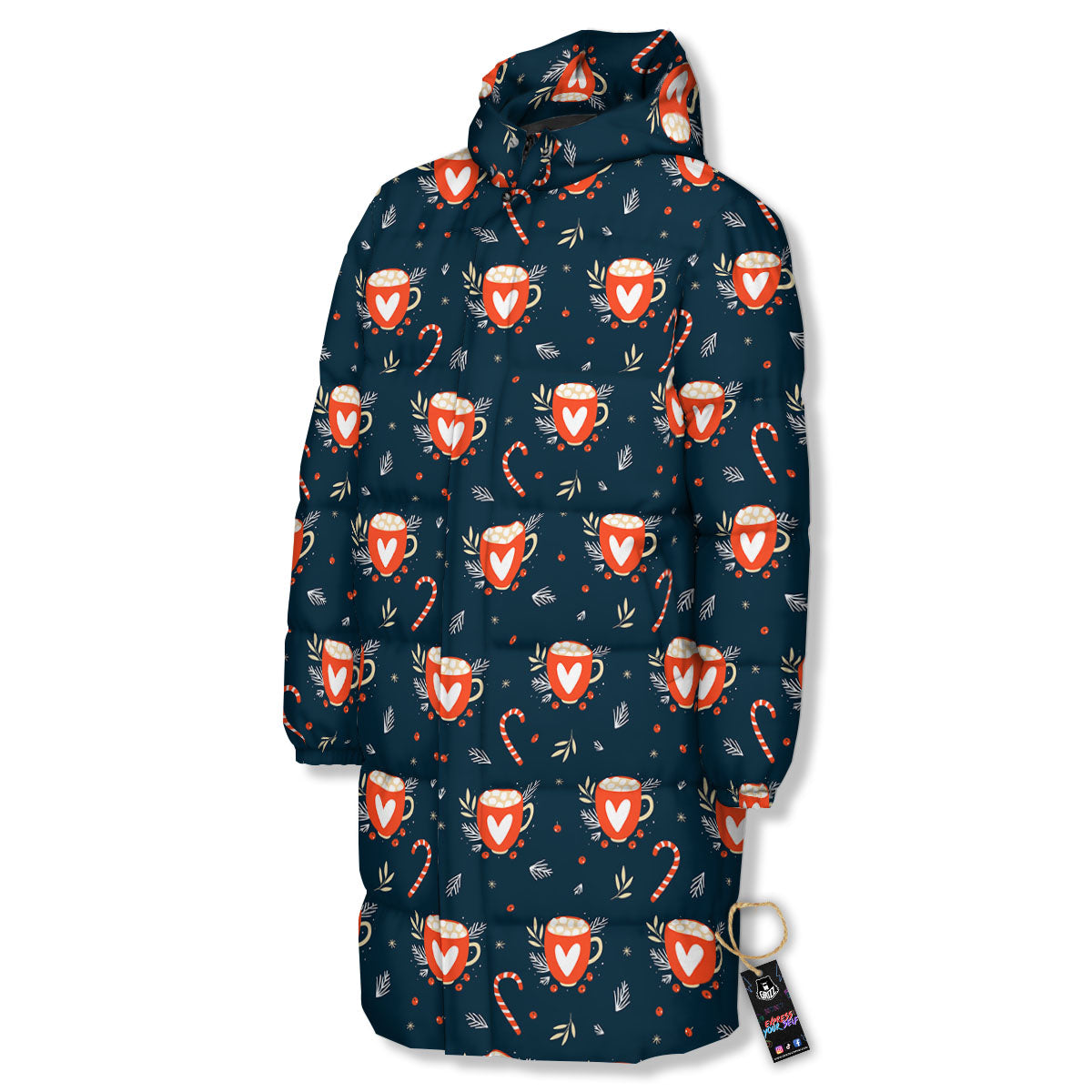 Holiday Christmas Cup Print Pattern Long Down Jacket-grizzshop
