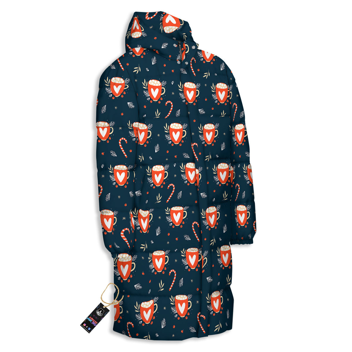 Holiday Christmas Cup Print Pattern Long Down Jacket-grizzshop