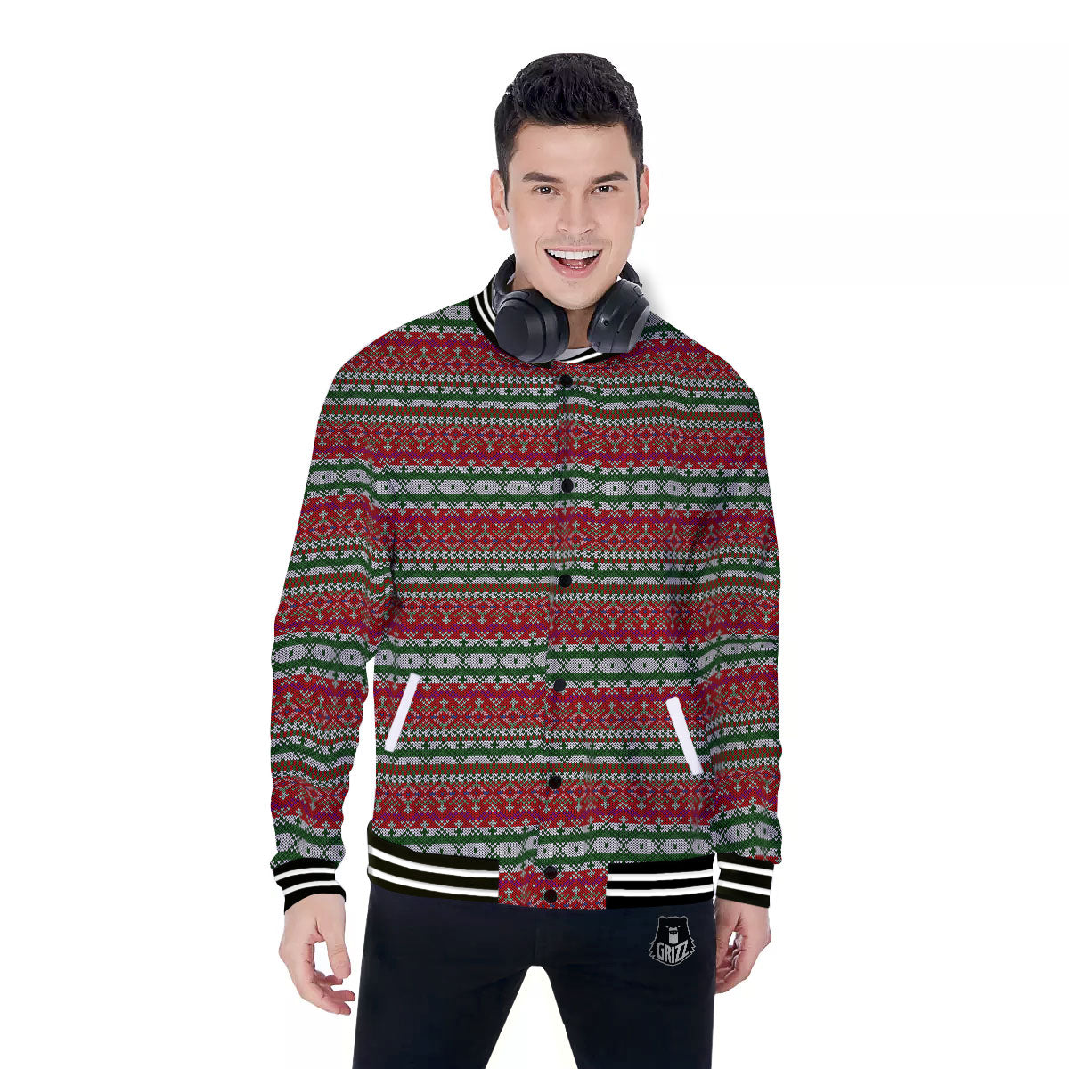 Holiday Knitted Christmas Print Pattern Baseball Jacket-grizzshop