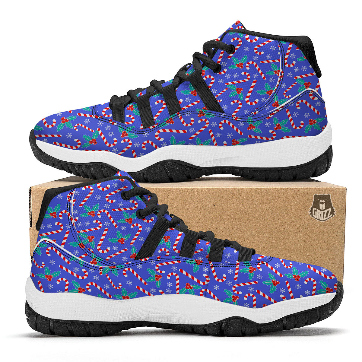 Holly Berry And Candy Cane Christmas Print Pattern Black Bball Shoes-grizzshop