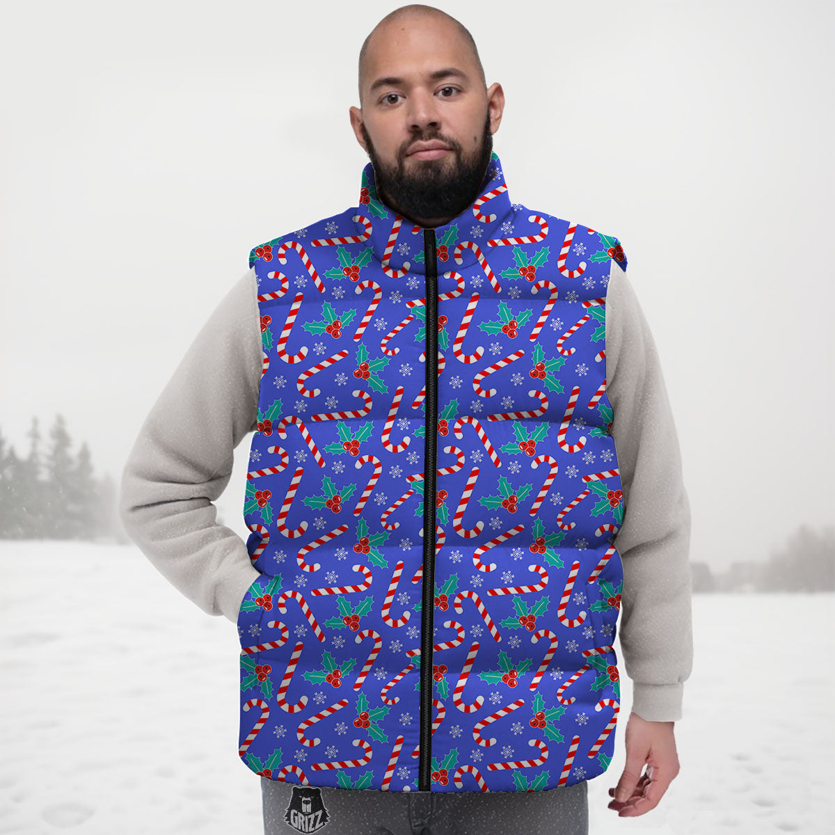 Holly Berry And Candy Cane Christmas Print Pattern Down Vest