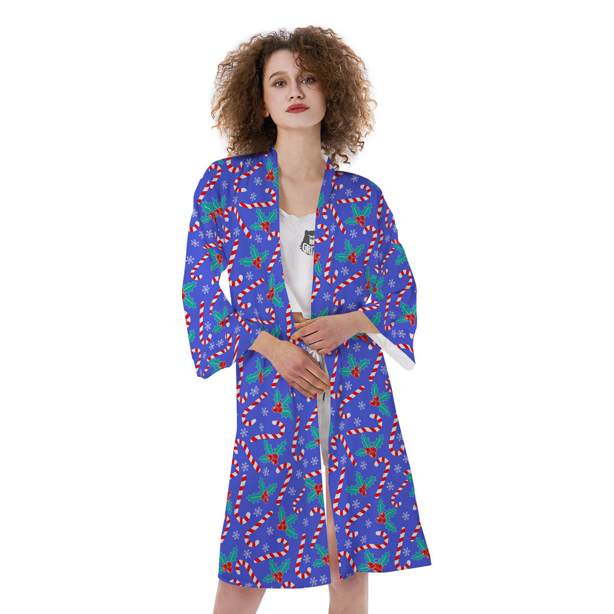 Holly Berry And Candy Cane Christmas Print Pattern Kimono-grizzshop
