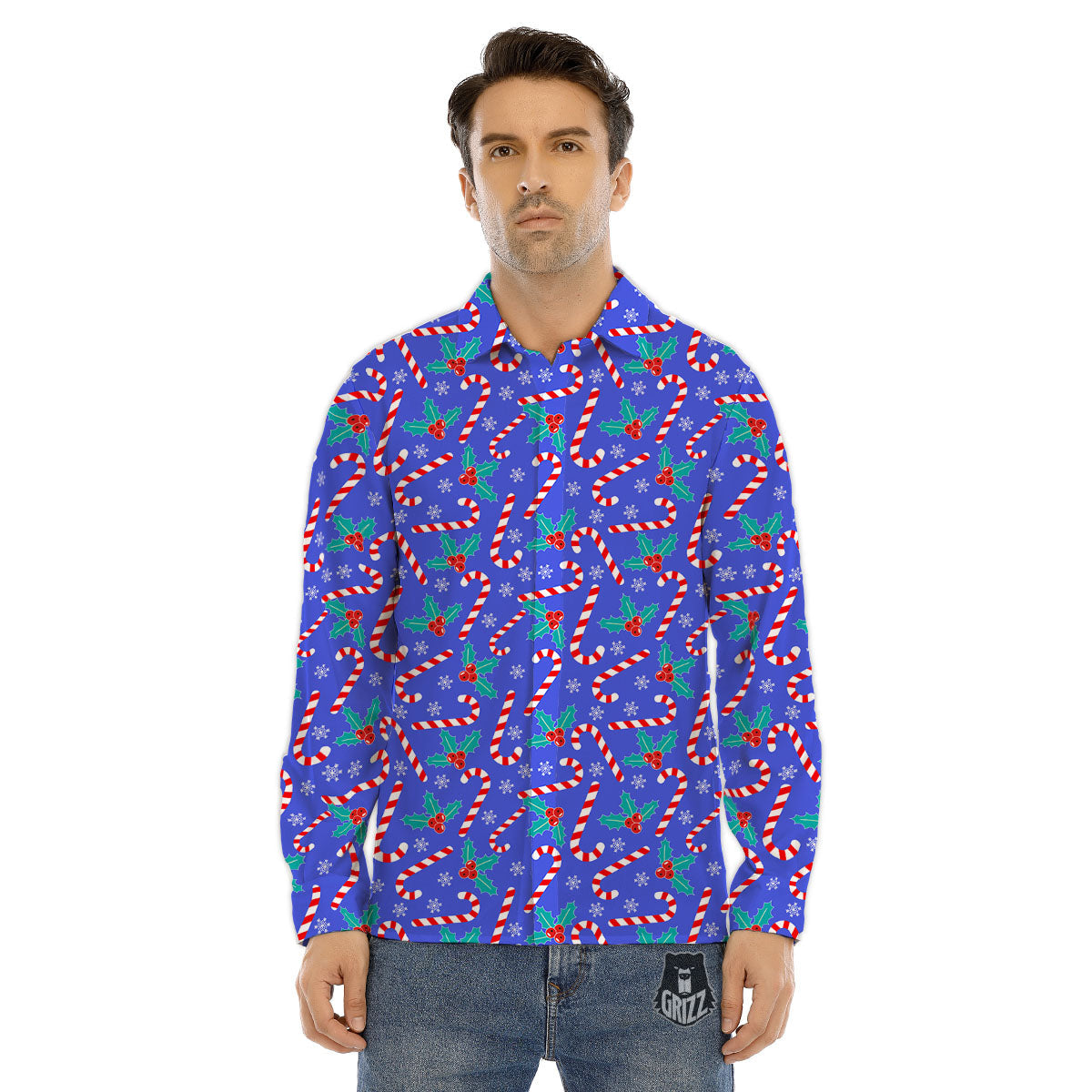 Holly Berry And Candy Cane Christmas Print Pattern Men's Dress Shirts-grizzshop