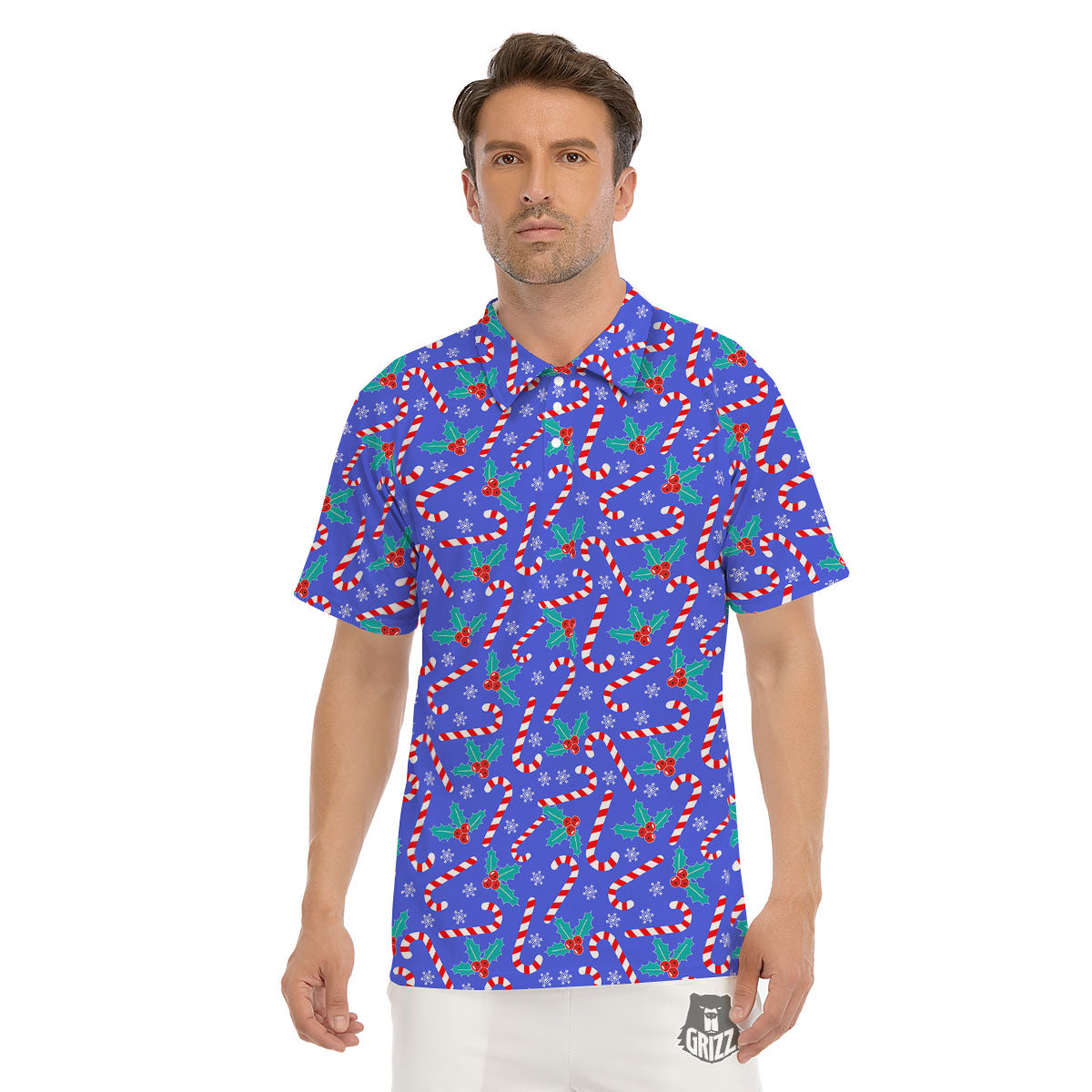 Holly Berry And Candy Cane Christmas Print Pattern Men's Golf Shirts-grizzshop