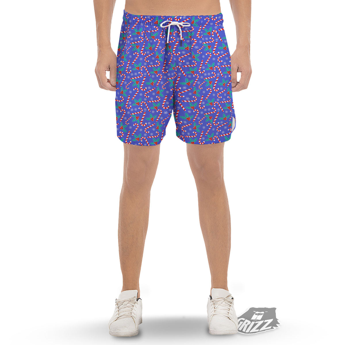 Holly Berry And Candy Cane Christmas Print Pattern Men's Gym Shorts-grizzshop