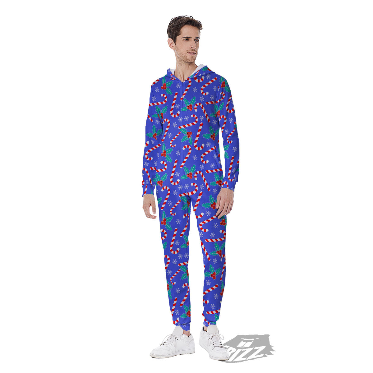 Holly Berry And Candy Cane Christmas Print Pattern Men's Jumpsuit-grizzshop
