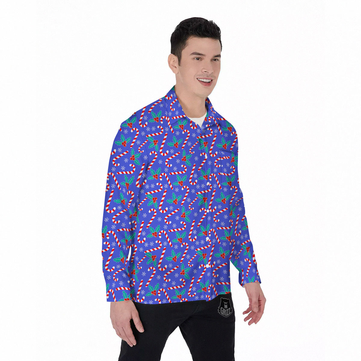 Holly Berry And Candy Cane Christmas Print Pattern Men's Long Sleeve Shirts-grizzshop