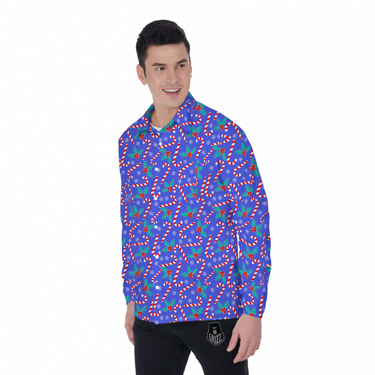 Holly Berry And Candy Cane Christmas Print Pattern Men's Long Sleeve Shirts-grizzshop