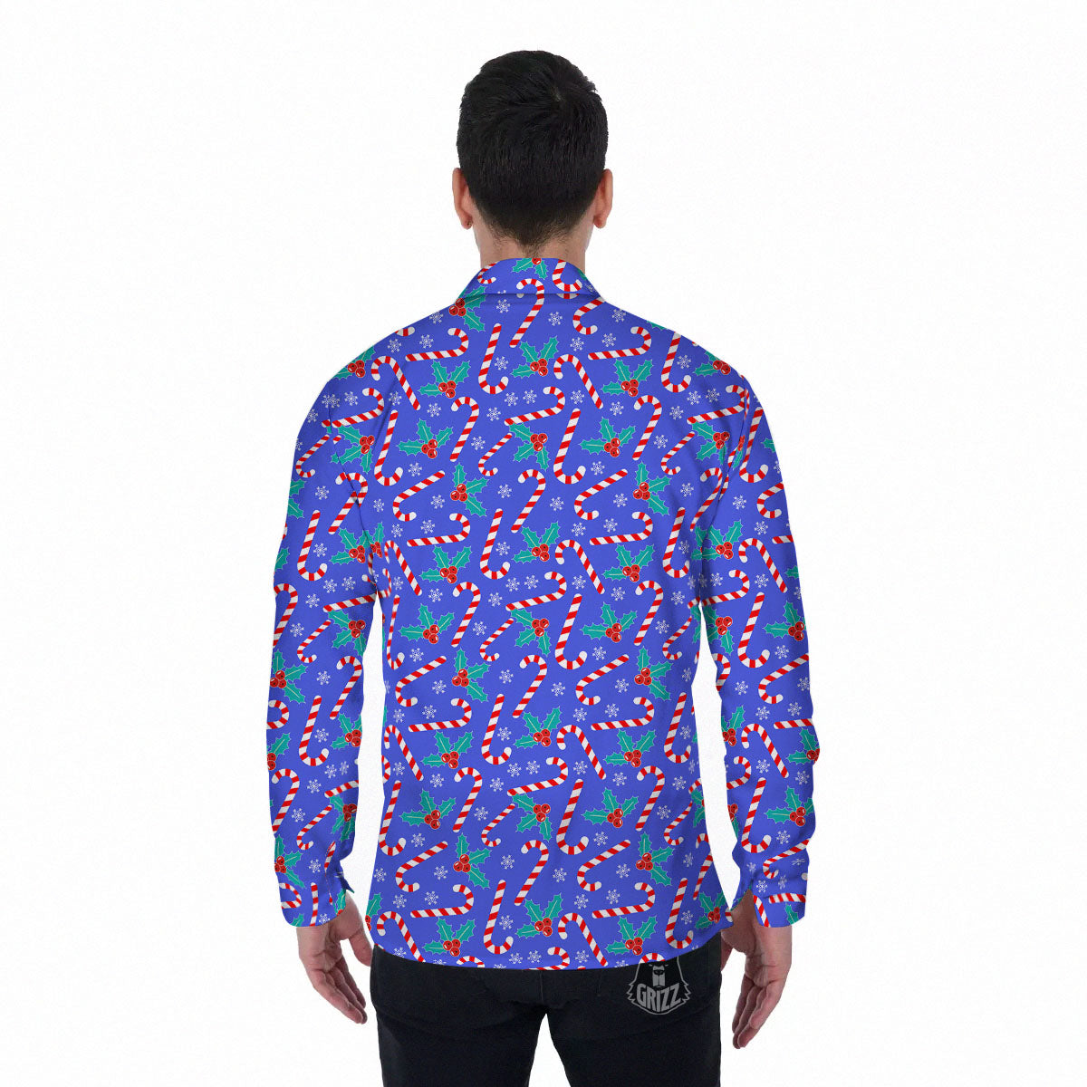 Holly Berry And Candy Cane Christmas Print Pattern Men's Long Sleeve Shirts-grizzshop