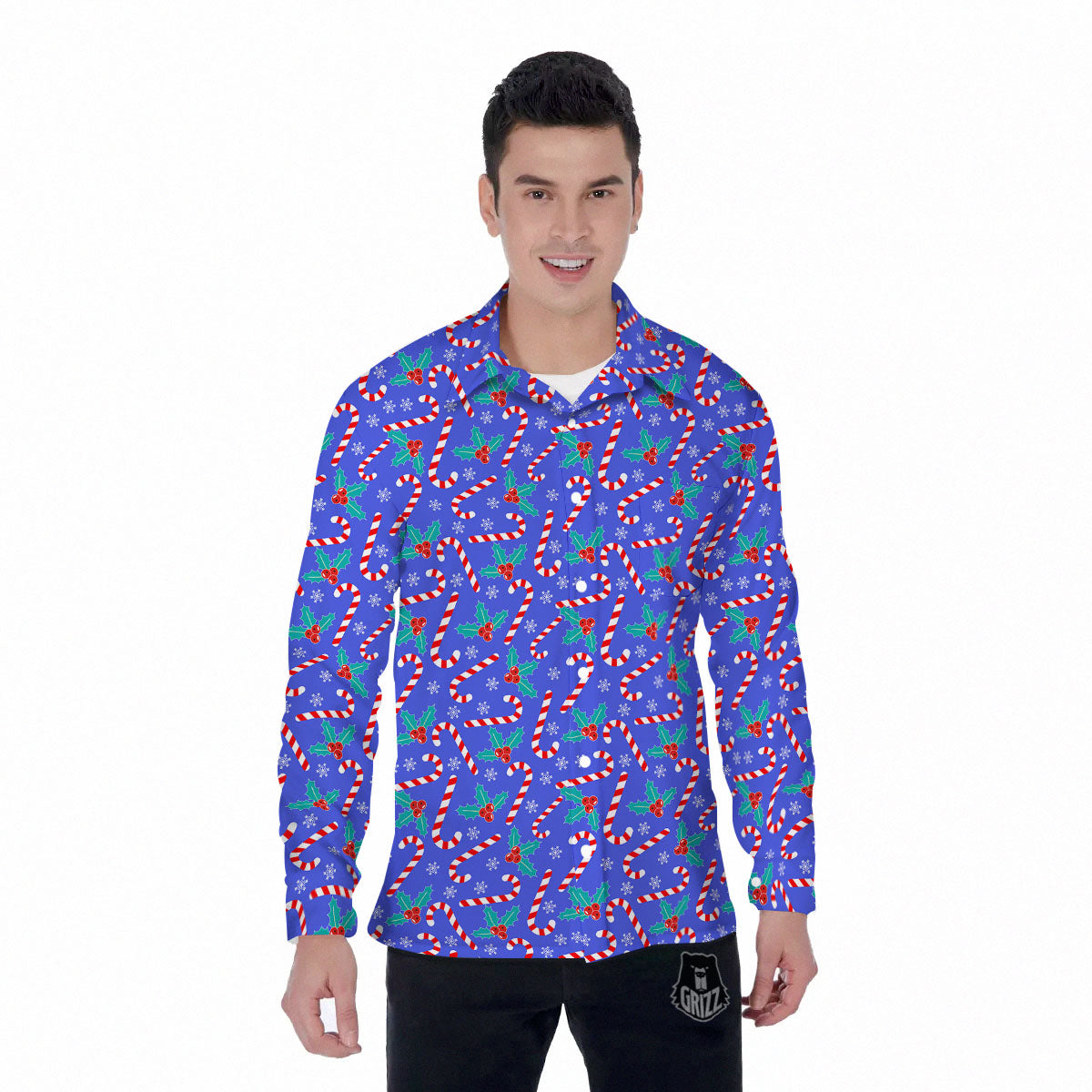 Holly Berry And Candy Cane Christmas Print Pattern Men's Long Sleeve Shirts-grizzshop