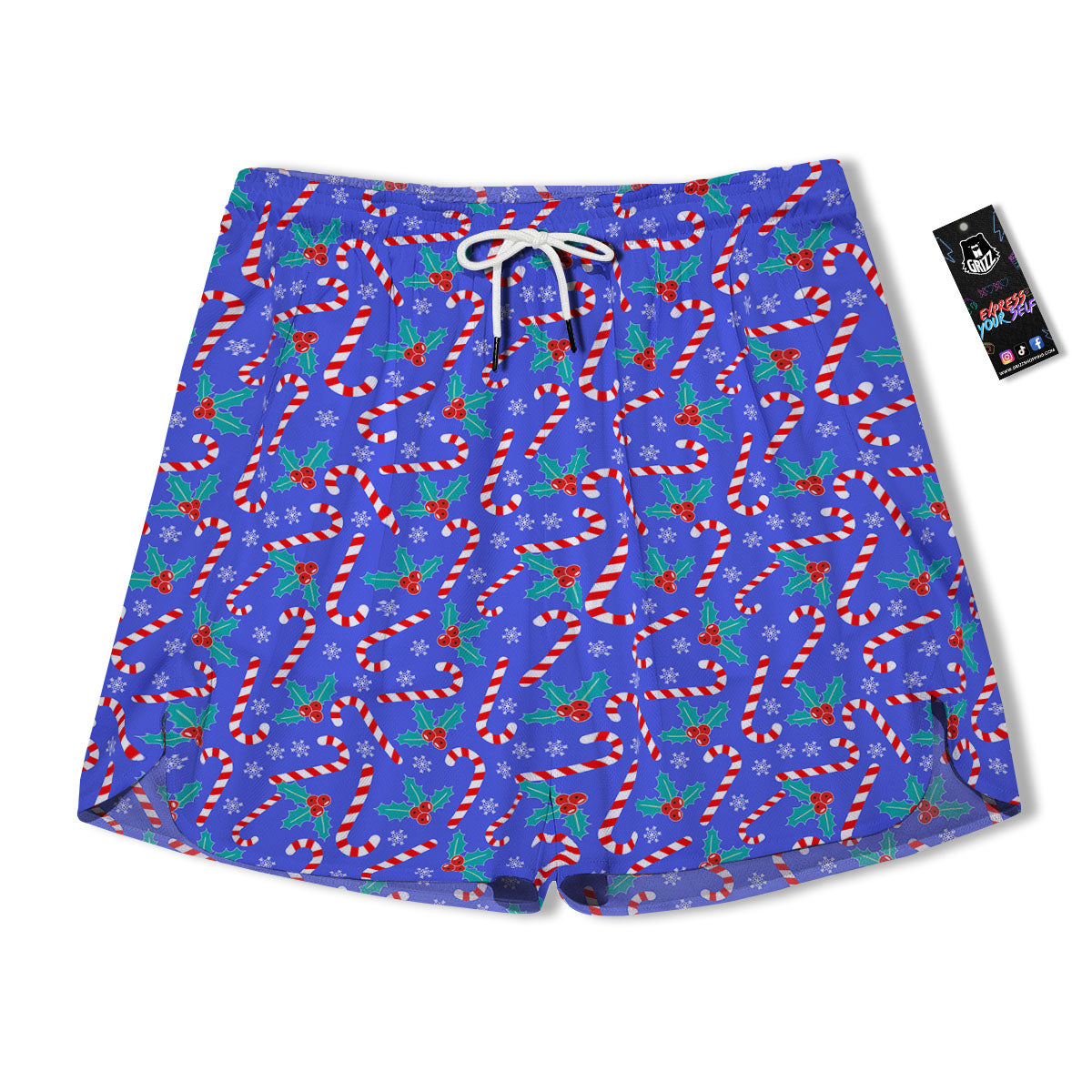 Holly Berry And Candy Cane Christmas Print Pattern Men's Running Shorts-grizzshop