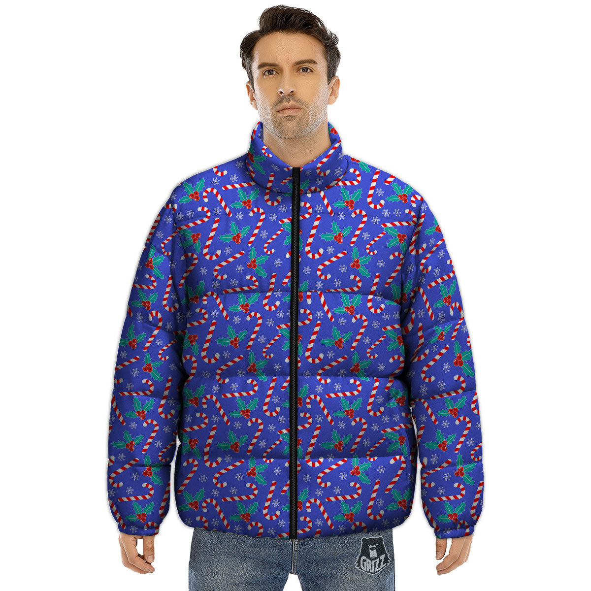 Holly Berry And Candy Cane Christmas Print Pattern Puffer Jacket-grizzshop