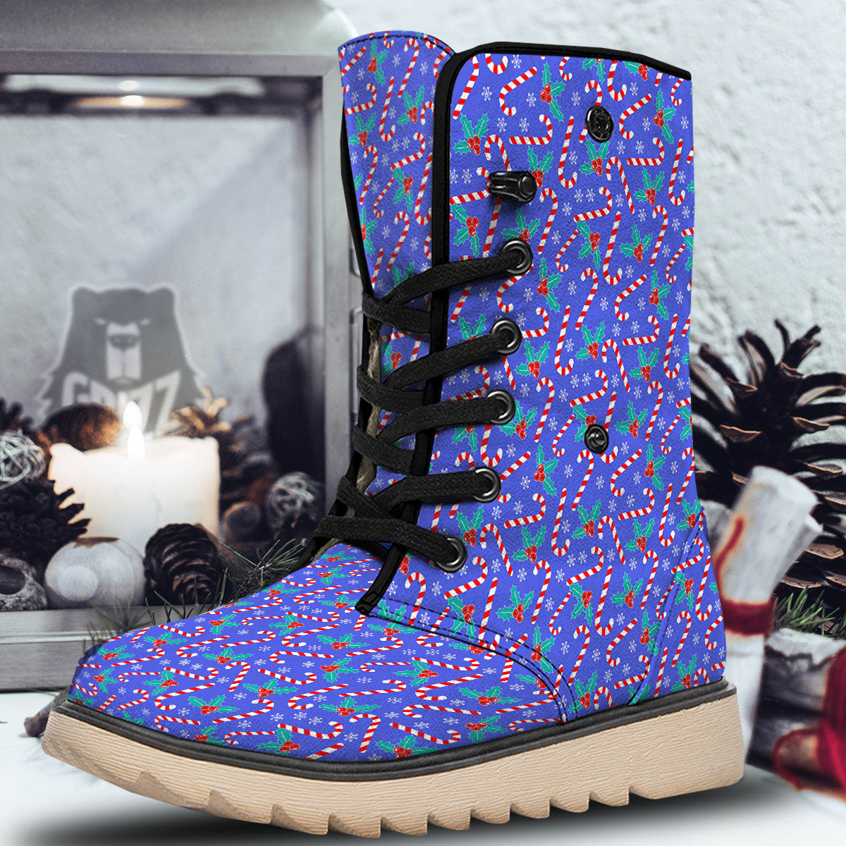 Holly Berry And Candy Cane Christmas Print Pattern Snow Boots-grizzshop
