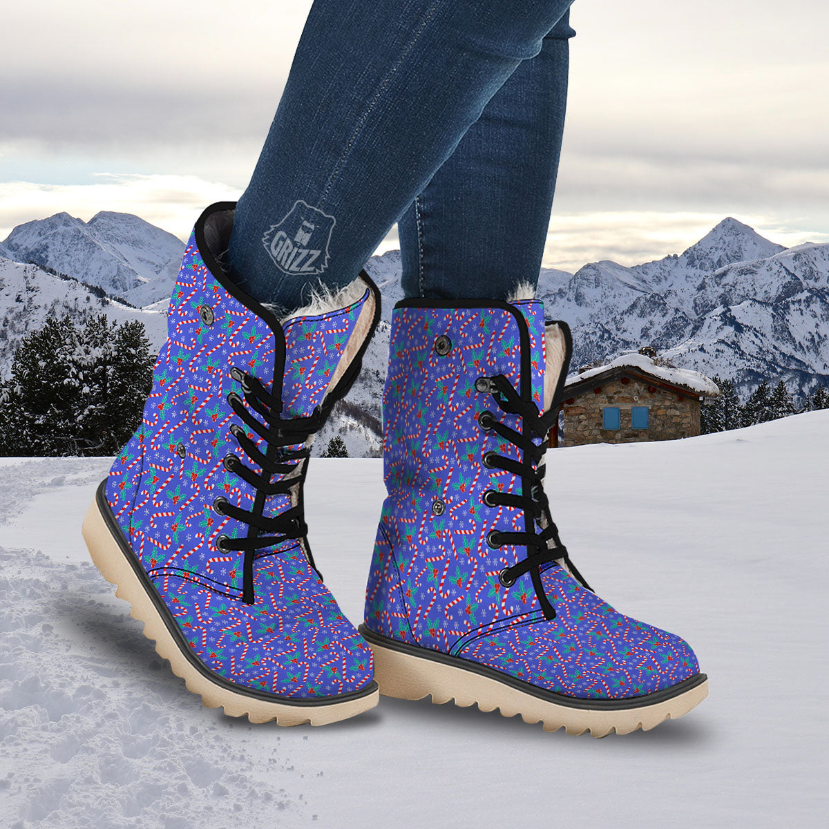 Holly Berry And Candy Cane Christmas Print Pattern Snow Boots-grizzshop