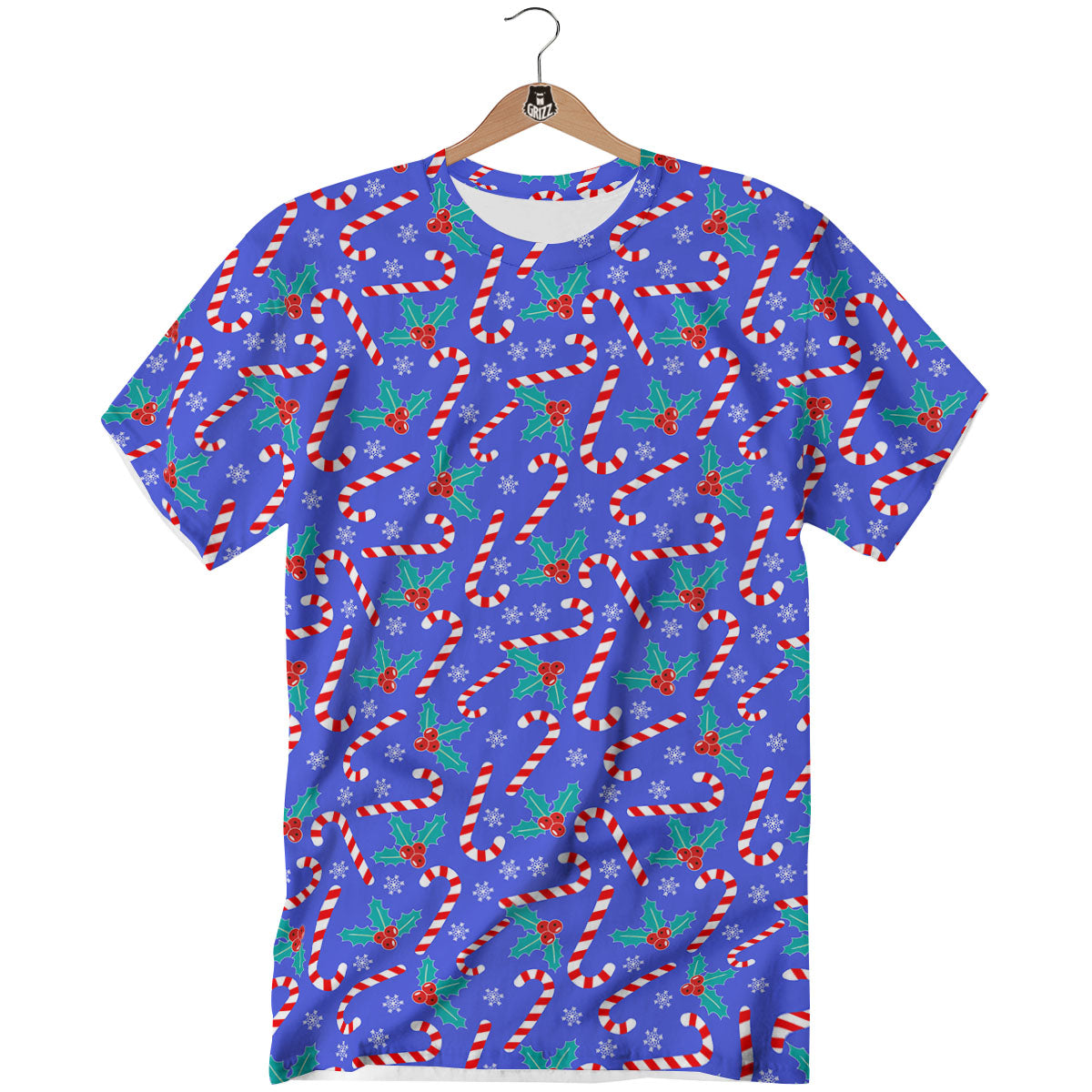 Holly Berry And Candy Cane Christmas Print Pattern T-Shirt-grizzshop