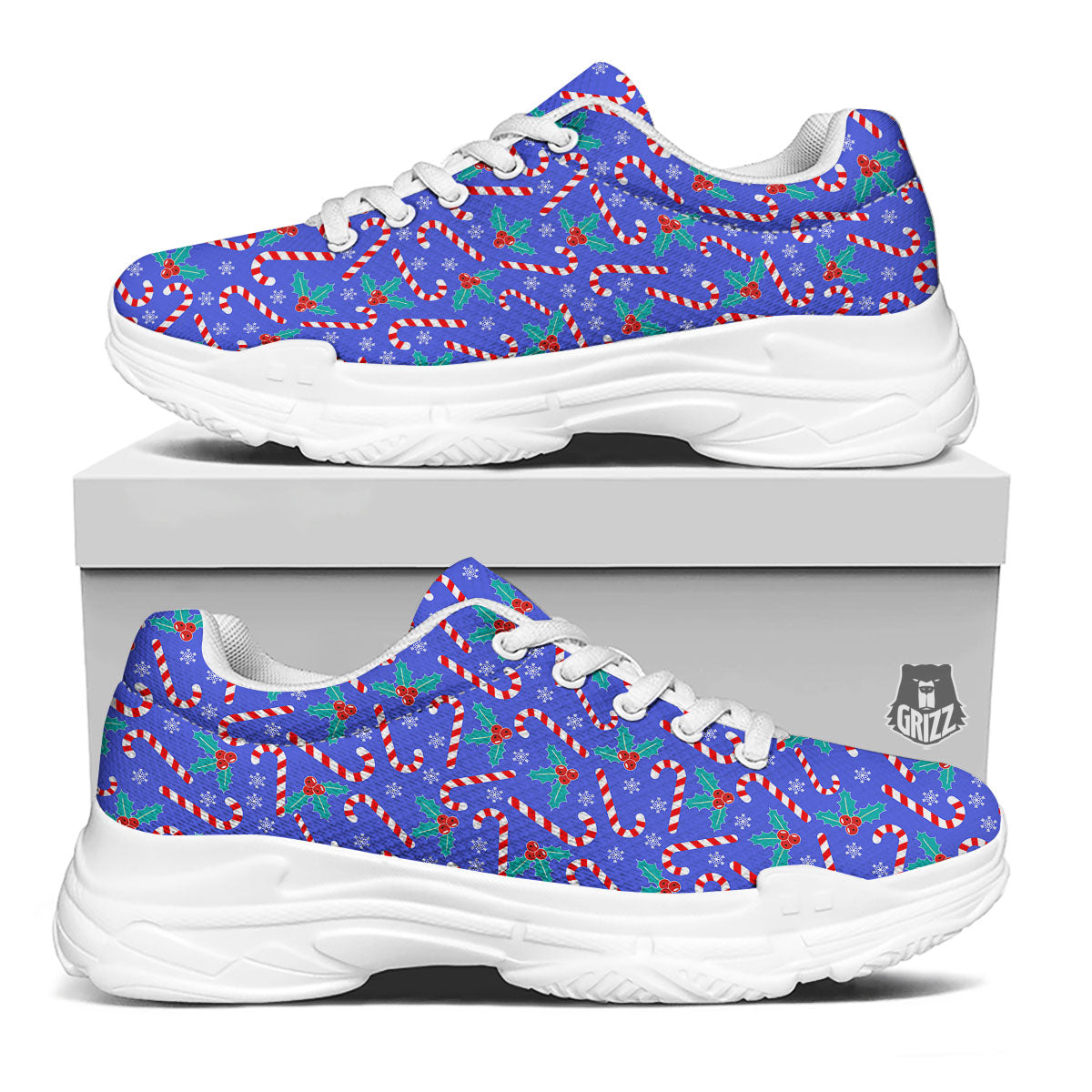 Holly Berry And Candy Cane Christmas Print Pattern White Chunky Shoes-grizzshop