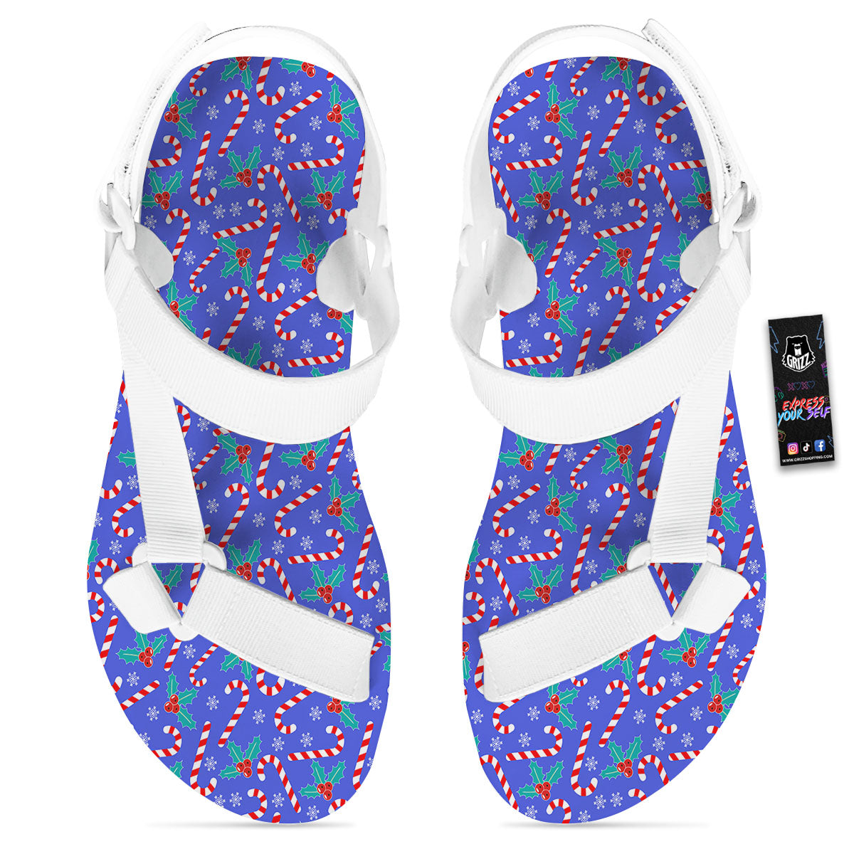 Holly Berry And Candy Cane Christmas Print Pattern White Open Toe Sandals-grizzshop