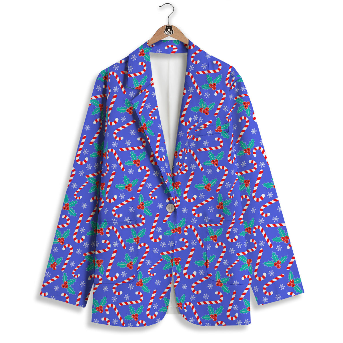 Holly Berry And Candy Cane Christmas Print Pattern Women's Blazer-grizzshop