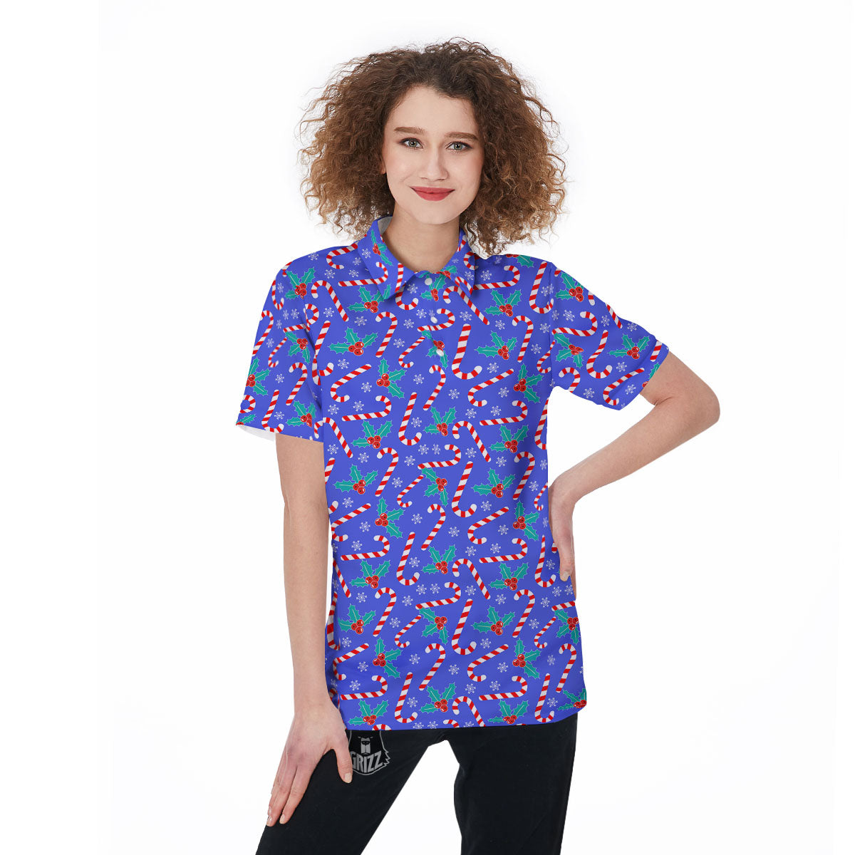 Holly Berry And Candy Cane Christmas Print Pattern Women's Golf Shirts-grizzshop