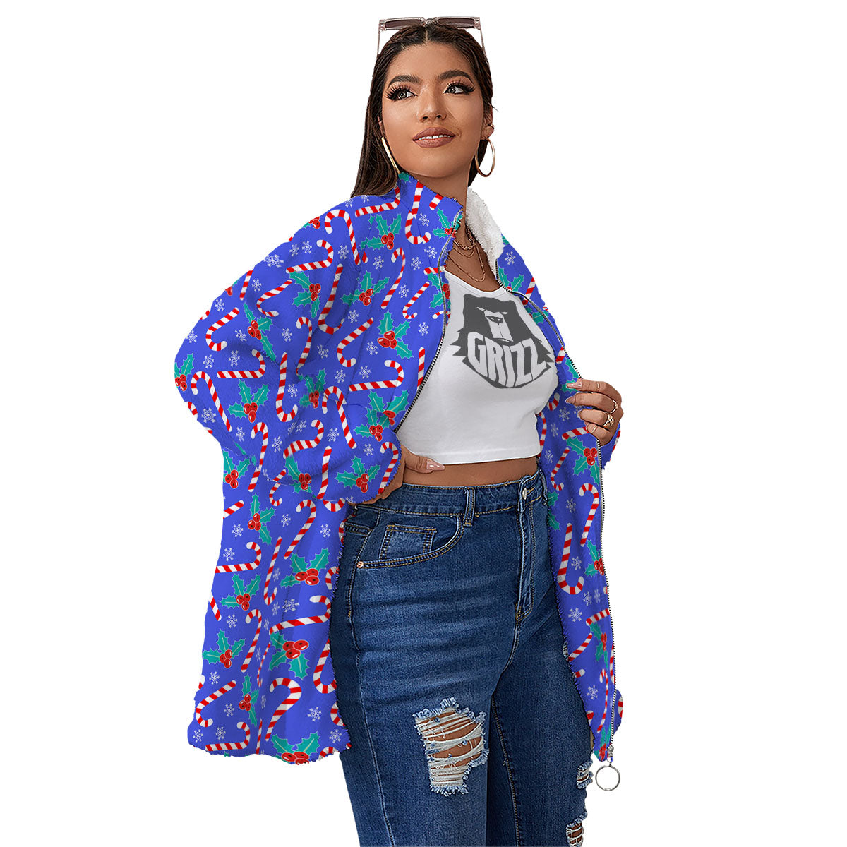 Holly Berry And Candy Cane Christmas Print Pattern Women's Sherpa Jacket-grizzshop