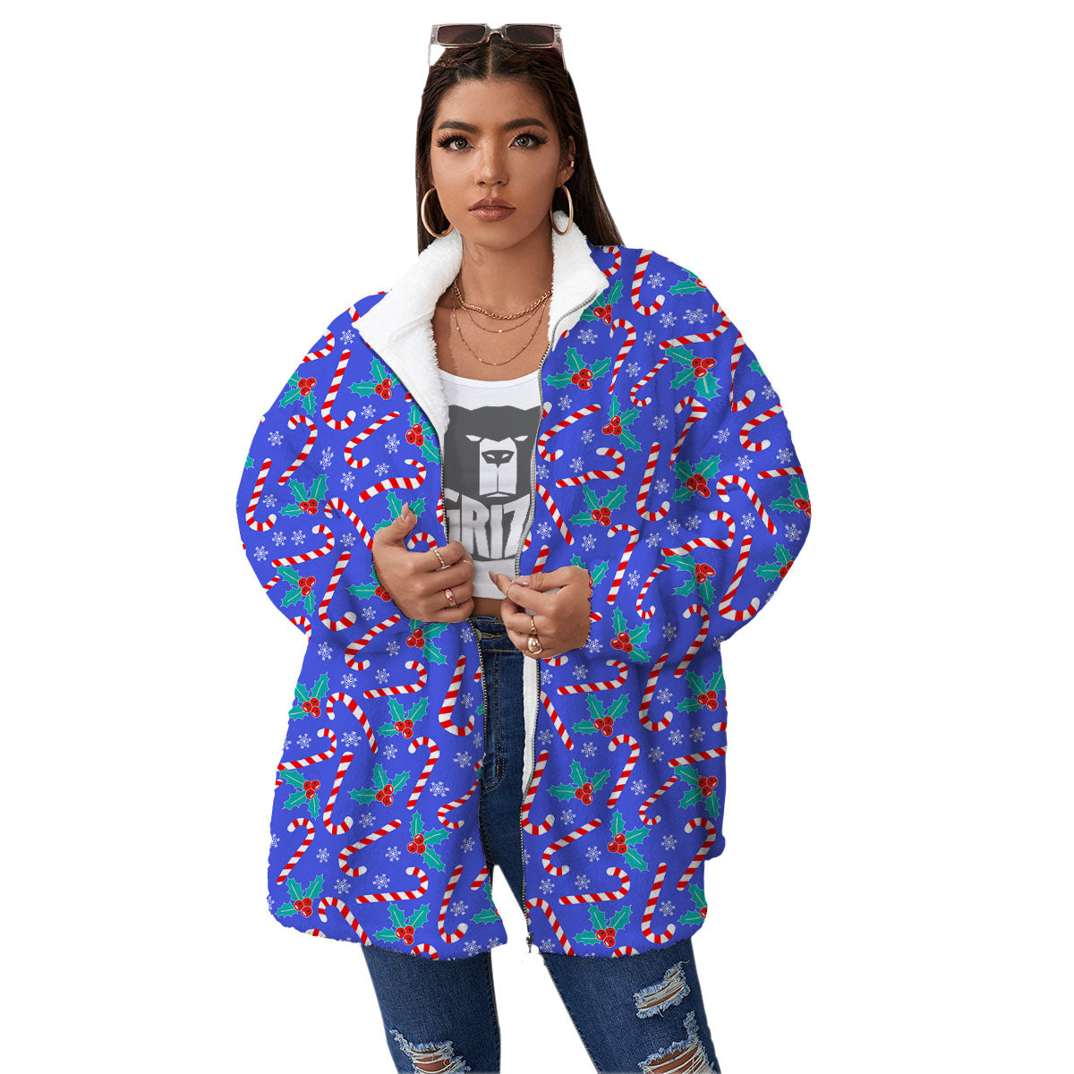 Holly Berry And Candy Cane Christmas Print Pattern Women's Sherpa Jacket-grizzshop