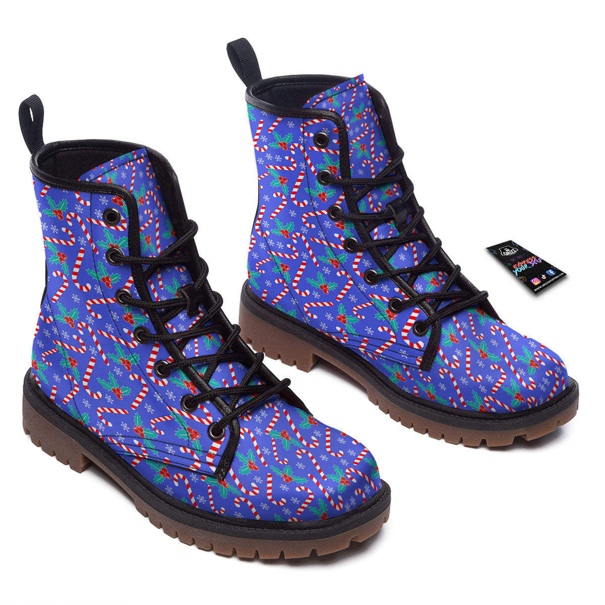 Holly Berry And Candy Cane Christmas Print Pattern Work Boots-grizzshop