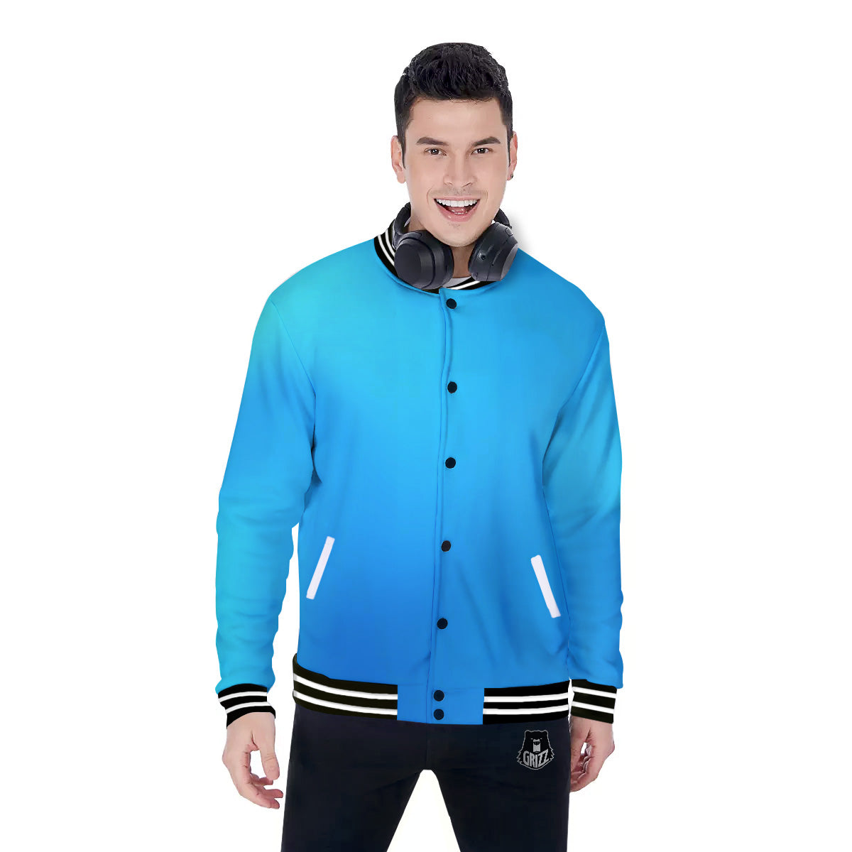 Holographic Blue Print Baseball Jacket-grizzshop