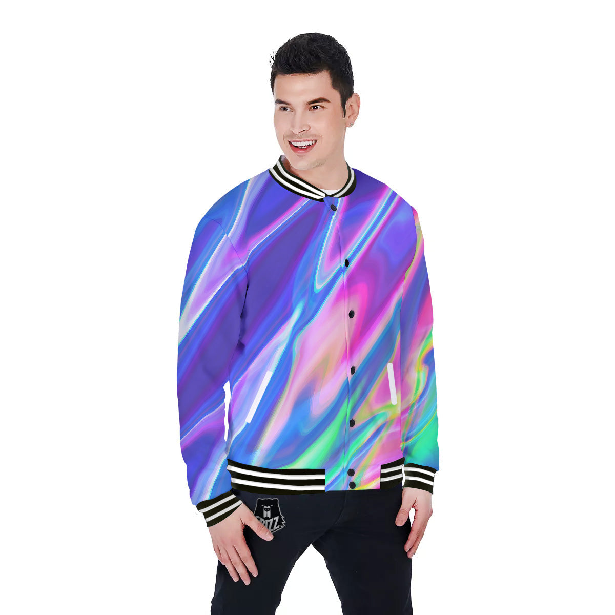 Holographic Bright Print Baseball Jacket-grizzshop