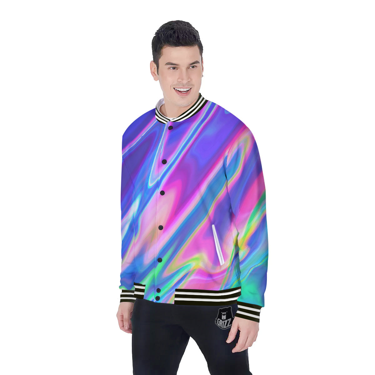 Holographic Bright Print Baseball Jacket-grizzshop