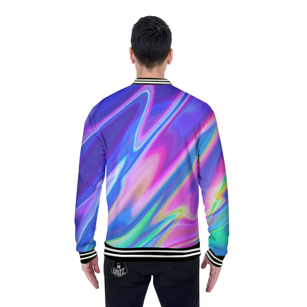 Holographic Bright Print Baseball Jacket-grizzshop