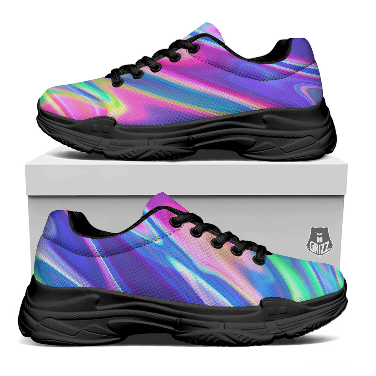 Holographic Bright Print Black Chunky Shoes-grizzshop