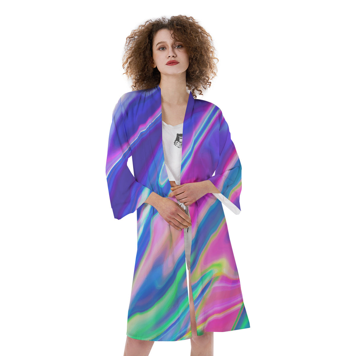 Holographic Bright Print Kimono-grizzshop