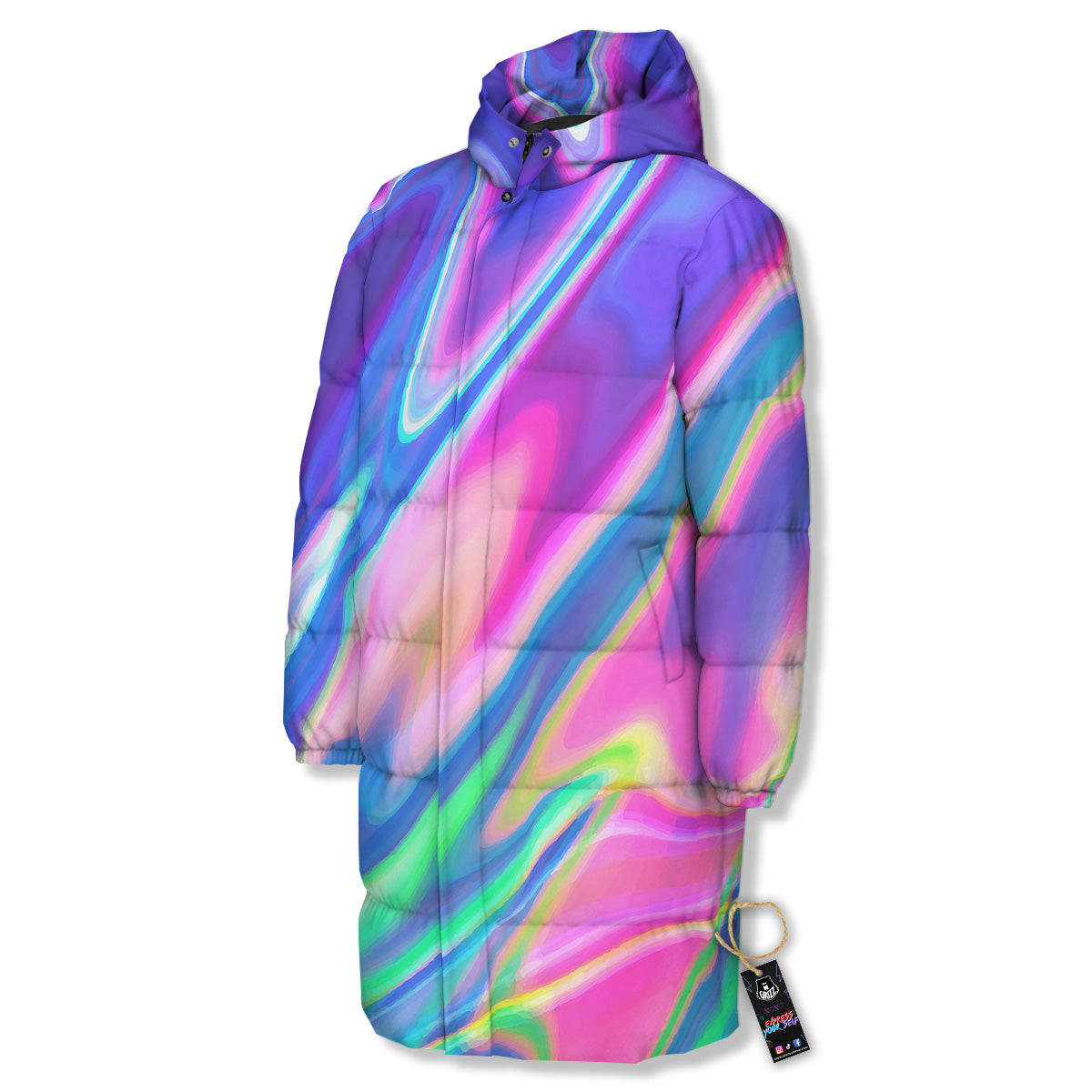 Holographic Bright Print Long Down Jacket-grizzshop