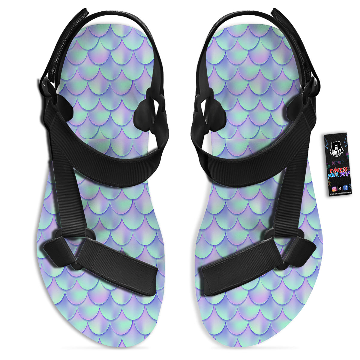 Holographic Mermaid Tail Print Pattern Black Open Toe Sandals-grizzshop